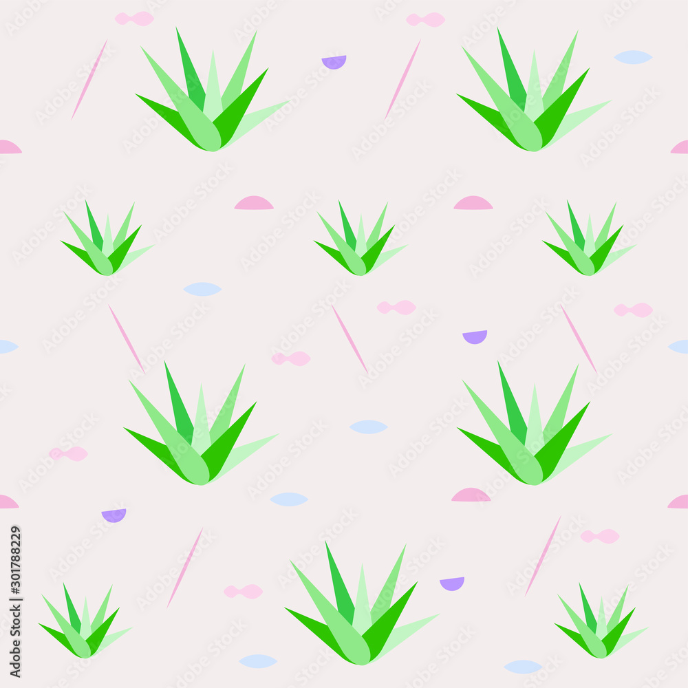Aloe, aloe plants or succulent plants and grass stalks, in sand by the seaside. With geometric elements and stylized shells. A stylized, seamless vector pattern or illustration on pastel background Aloe, aloe plants or succulent plants and grass stalks, in sand by the seaside. With geometric elements and stylized shells. A stylized, seamless vector pattern or illustration on pastel background
