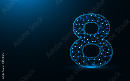 Number 8 low poly design, mathematics abstract geometric image, eight wireframe mesh polygonal vector illustration made from points and lines on dark blue background