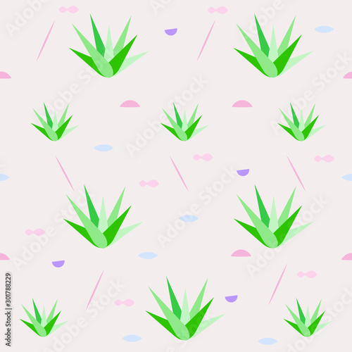 Aloe, aloe plants or succulent plants and grass stalks, in sand by the seaside. With geometric elements and stylized shells. A stylized, seamless vector pattern or illustration on pastel background