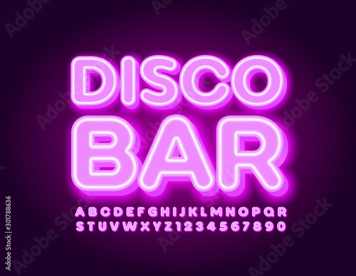 Vector bright Banner Disco Bar. Violet glowing Font. Neon Set of Alphabet Letters and Numbers.