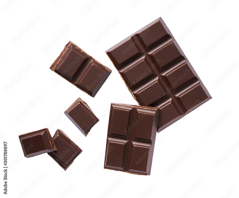 Dark chocolate isolated on white background, top view. Dark chocolate isolated on white background, top view.