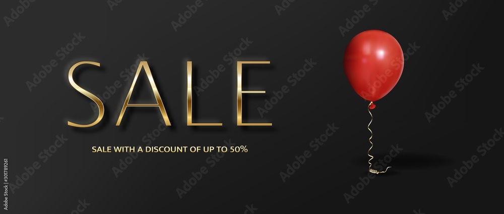 Gold calligraphic text, black realistic balloons. Graphic design elements for flyer, sale promo. Gold calligraphic text, black realistic balloons. Graphic design elements for flyer, sale promo.