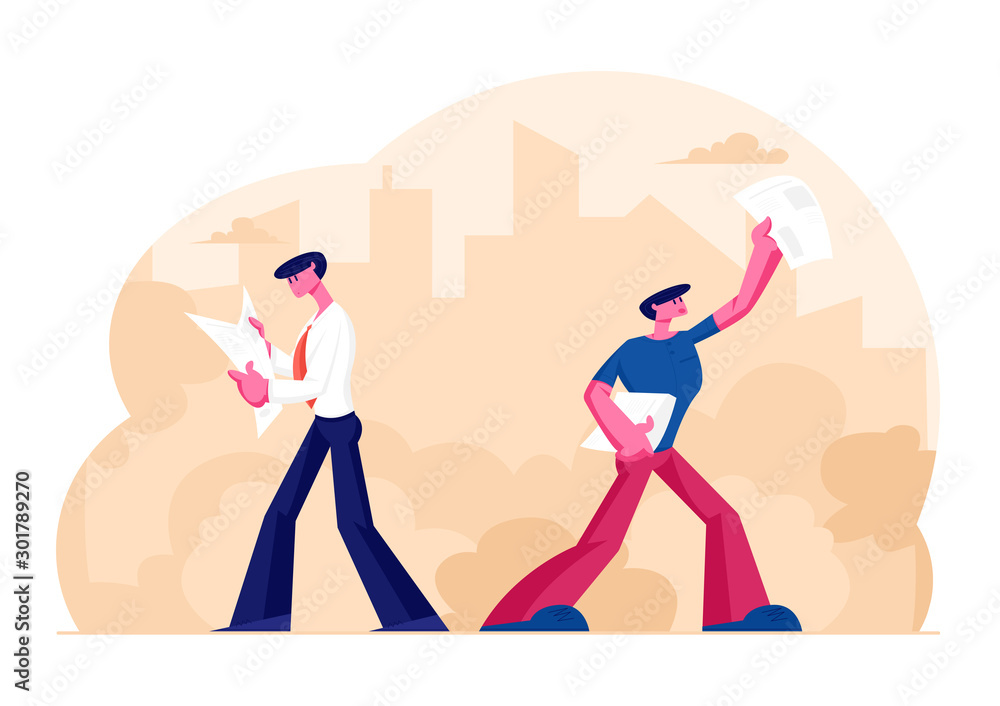 People Reading and Selling Newspapers. Businessman Character Read News while Walking at Work. Salesman Offering Publication on Street. Press Social Media Information Cartoon Flat Vector Illustration People Reading and Selling Newspapers. Businessman Character Read News while Walking at Work. Salesman Offering Publication on Street. Press Social Media Information Cartoon Flat Vector Illustration