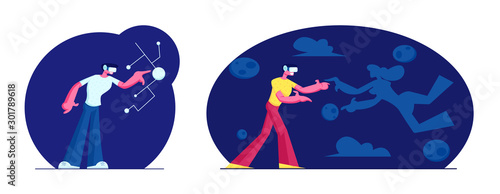 Enthusiastic Men Using Virtual Reality Glasses and Touching Vr Interface. Amazing Experience in Abstract Fantasy World. Augmented Reality and Futuristic Technologies. Cartoon Flat Vector Illustration