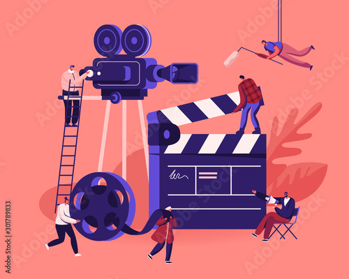 Movie Making Process Concept. Operator Using Camera and Staff with Professional Equipment Recording Film with Actors. Director with Megaphone, Clapperboard Reel Film Cartoon Flat Vector Illustration