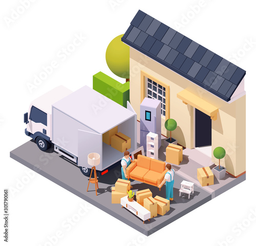Vector isometric movers at house relocation