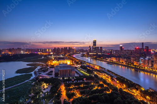 aerial view of Wuhan city at night.Panoramic skyline and buildings beside yangtze river