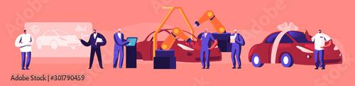 Car Production Concept. Engineer Designer Perform Automobile Project, Conveyor Automatic Assembly Line Machinery Industrial Automation Industry, Customer Buy New Auto. Cartoon Flat Vector Illustration