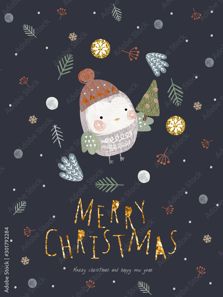 Obraz Merry Christmas and a happy new year! Cute vector illustration of bird in santa claus hat with christmas tree for holiday card, poster, postcard or background.