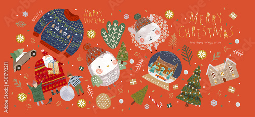 Winter holiday isolated objects for christmas and new year. Vector illustration santa claus and family, christmas tree, house, cute animal sheep and bird, sweater, tree, car.