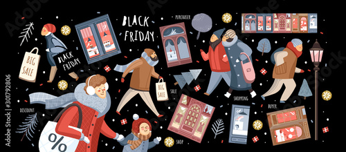 Black Friday! Vector cute illustration of people on the street in the city and families shopping at the store, at the market for sales. Isolated objects for banner, background or poster.