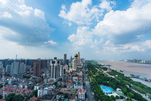 Photography Wuhan skyline and Yangtze river with supertall skyscraper under construction in Wuhan Hubei China