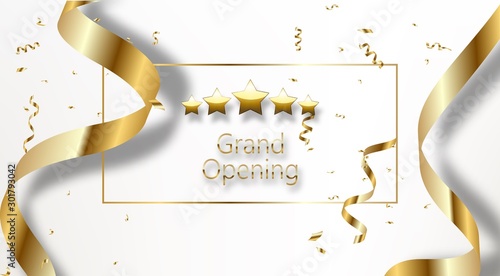 Grand opening sparkling banner. Text composition with golden splashes and ribbons