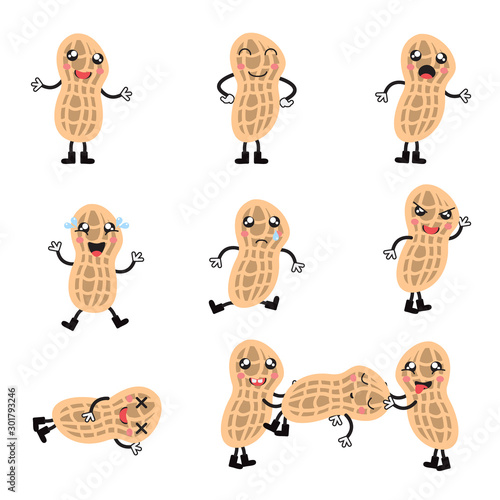 Kawaii or cute peanuts set. Vector.
