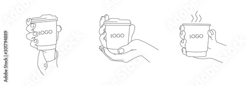 Set of vector line illustrations of hands holding paper coffee cup, various positions, coffee to go