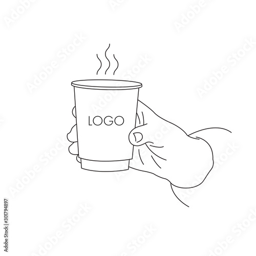 illustration of a hand holding a paper cup with coffee to go