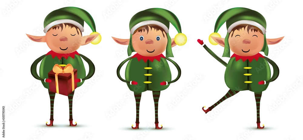 Collection little elses isolated on white background. Santas helpers. Elf with gift present. Icon set. Vector illustration