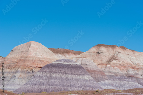 Landscape of purple and white badlands at Blue Mesa in Petrified Forest National Park in Arizona