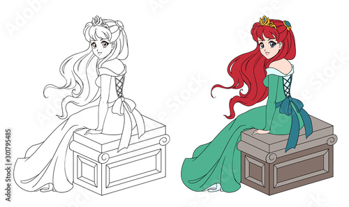 Beautiful princess in green dress sitting with long red hair.