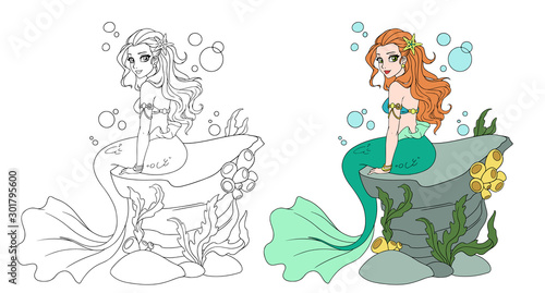 Illustration of a beautiful mermaid girl sitting on the stone.