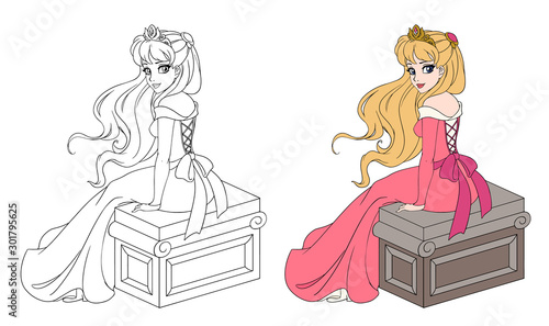 Beautiful princess in pink dress sitting with long blonde hair. Color and outlined picture for coloring book on white background. Hand drawn cartoon vector illustration.