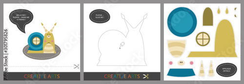 Fun Lessons for Kids - DIY! Set of cards for children's creativity. Original funny snail, template for character applique and cutting set - Vector
