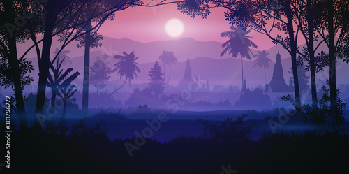 Natural forest mountains horizon Landscape wallpaper Measure Sunrise and sunset Illustration vector style colorful view background