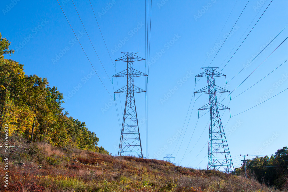 Power Lines in the Fall Against a Blue Sky   