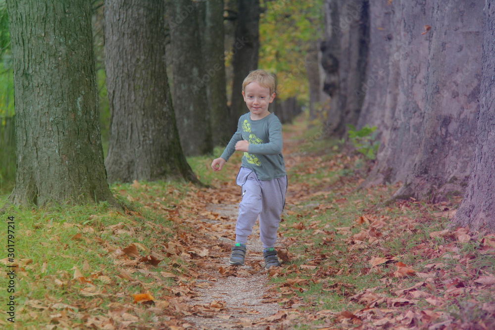 Cute kid, boy having fun at autumn street, jumping and running around on carpet of fallen leaves. Boy running in the yellow leaves. Cute kid, boy having fun at autumn street, jumping and running around on carpet of fallen leaves. Boy running in the yellow leaves.