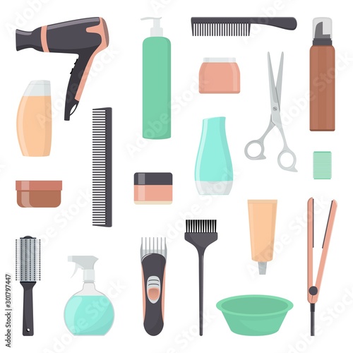 Tools and cosmetic products for hair care. Professional hairdressing tools. A set of elements for a beauty salon. Vector illustration in flat style.