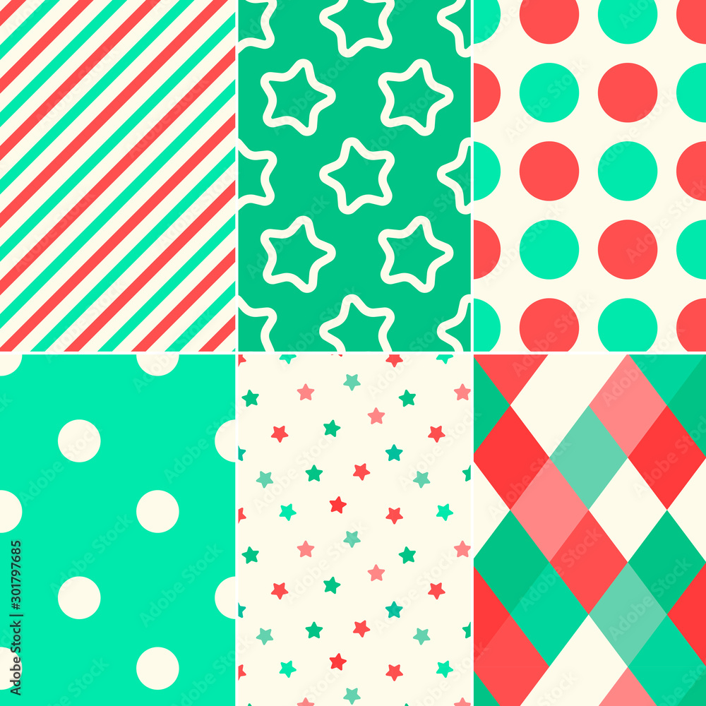 Set of seamless geometry patterns in green mint and pink colors. Star, dot, line, rectangle. Christmas vector illustration. Set of seamless geometry patterns in green mint and pink colors. Star, dot, line, rectangle. Christmas vector illustration.