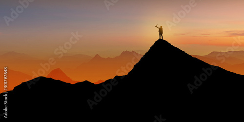 Silhouette of Businessman standing on mountain top over sunrise twilight background with holding up a trophy cup  Winner  Success and Leadership concept