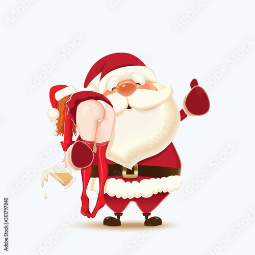 Santa Claus carries a drunk Santa Girl over her shoulder,vector illustration for holiday greeting