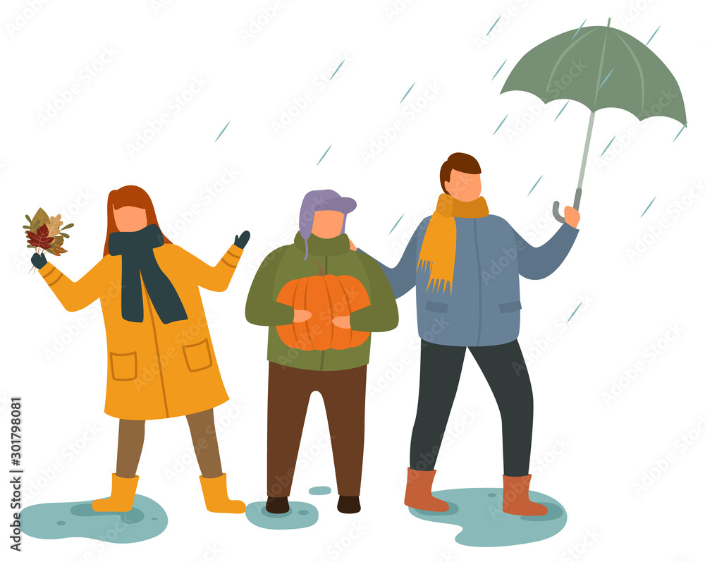 Kids wearing warm clothes playing outdoors vector. Isolated boy and girl holding maple leaves standing in puddles. Children spending time in rainy weather. Pupil holding umbrella in hands illustration Kids wearing warm clothes playing outdoors vector. Isolated boy and girl holding maple leaves standing in puddles. Children spending time in rainy weather. Pupil holding umbrella in hands illustration