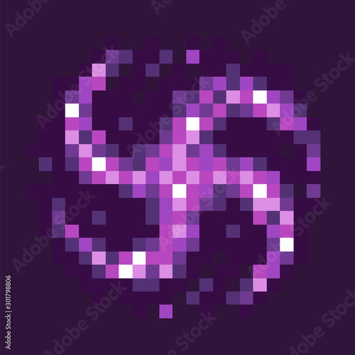 Graphics of 8 bit pixel game, isolated icon of black hole celestial body of rounded shape with rays, circle of purple color, gaming element flat style. Pixeleted object for video-game or app 8bit game