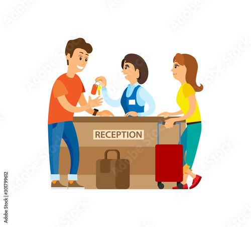 Clients customers on hotel reception, traveling people. Husband and wife getting apartment, receptionist at hostel. Service for tourists travelers. Vector illustration in flat cartoon style