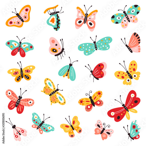 Butterflies, set of hand drawn collection on isolated white background. Vector illustrations. Creative Fluttering, beautiful butterflies