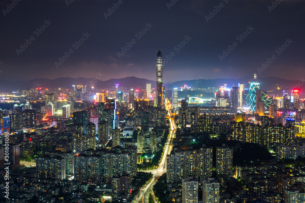 wide-angle night aerial view of Shenzhen financial district, Guangdong, China.Financial concept