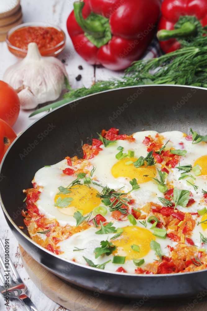 Fried egg with tomatoes and bread Fried egg with tomatoes and bread