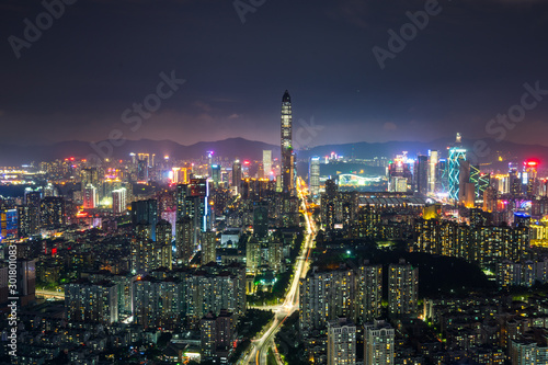 wide-angle night aerial view of Shenzhen financial district  Guangdong  China.Financial concept