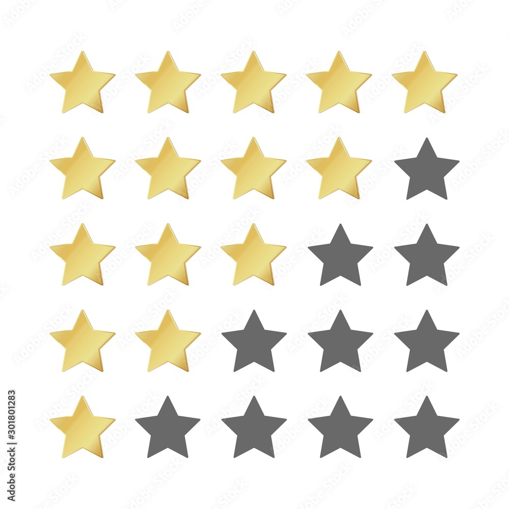 Five gold stars rating. 5 star image realistic leadership symbol. Glossy yellow winner champion rating. Vector illustration restaurant success concept or quality rated icon Five gold stars rating. 5 star image realistic leadership symbol. Glossy yellow winner champion rating. Vector illustration restaurant success concept or quality rated icon