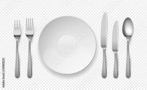 Realistic food plate with spoon, knife and fork. White empty dishes for cafe and restaurants. Cutlery vector top view illustration on transparent background photo