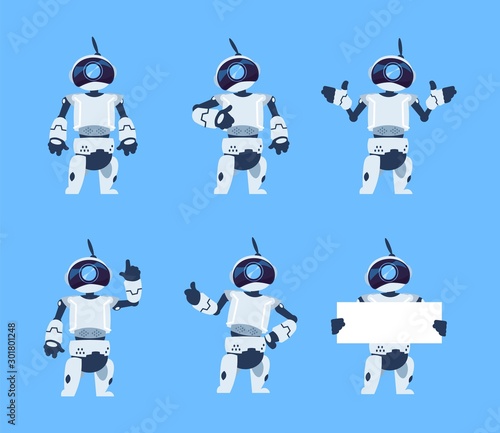Cute robots. Cartoon android character set, futuristic machine with different poses. Vector isolated illustration objects futuristic technological engineer work with humanoid characters