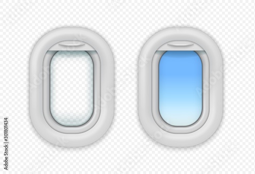 Airplane open windows. Realistic view from aircraft porthole with curtain. Vector isolated realistic open aircraft illuminator on transparent background