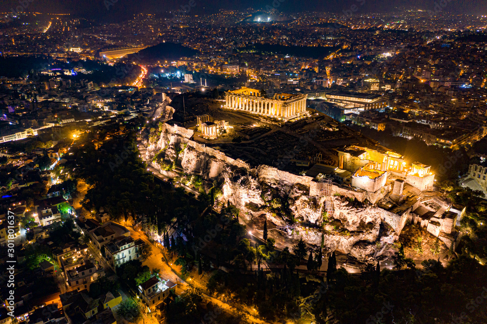 athens acropolis parthenon night aerial drone landscape