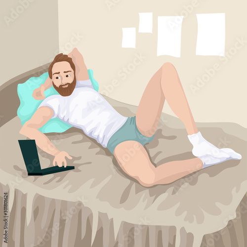 The guy with the laptop lies in a bed. Vector color illustration of the character