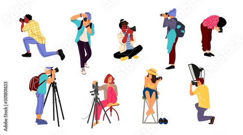 Photographers. Cartoon characters with professional cameras in different poses taking pictures. Vector isolated cute creativity cheerful female paparazzi and male journalists with bag