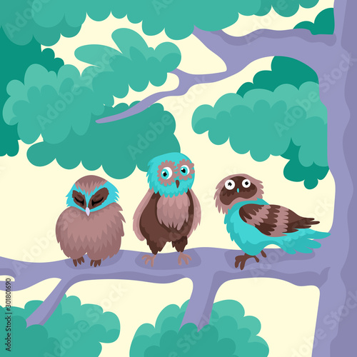 Sleeping owl and two vigorous owls sit on a branch of a green tree. A children vector illustration with birds.