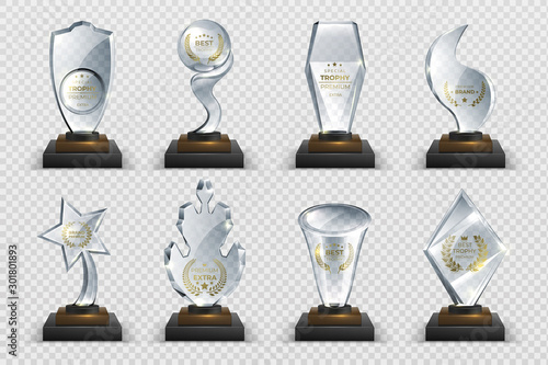 Transparent trophies. Realistic crystal glass awards with text, isolated competition cups stars and prizes. Vector illustration isolated set acrylic trophies modern image