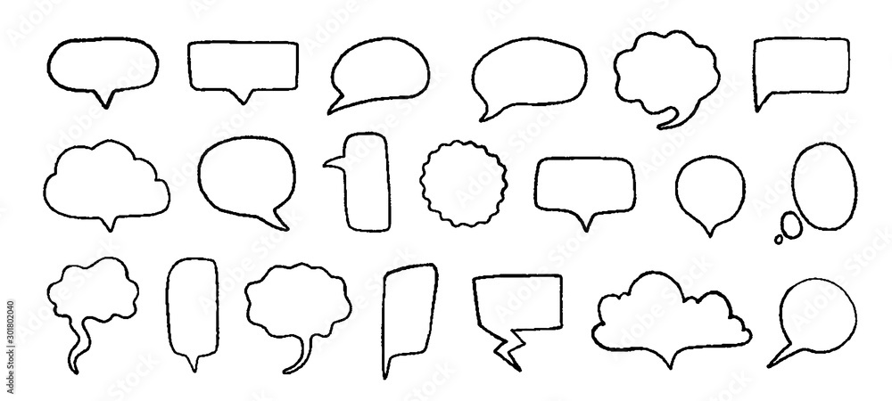 Fototapeta premium Doodle speech bubbles. Hand drawn elements for quotes and text with pencil sketch lines and grunge shapes. Vector trendy set sketched black line clouds for speaking or thinking expression